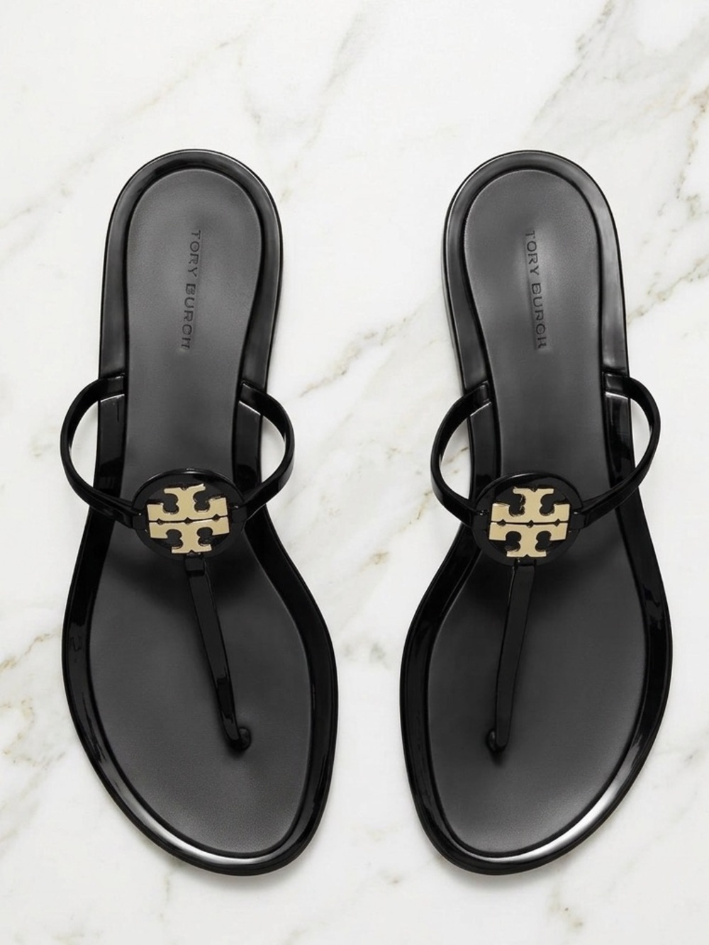 Tory Burch Black Patent Thong Sandals with Gold Logo